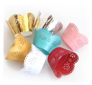 Laser-cut cupcake wrappers with rose flower patterns in seven assorted vibrant colors