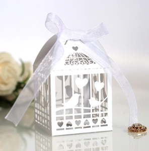 Détail de la boîte cadeau en papier blanc découpé au laser avec motifs d'oiseaux