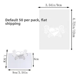Laser cut white wedding table card showing Love heart and rose floral patterns with dimensions