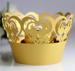 Laser-cut gold pearlescent paper cupcake wrapper with love bird and heart patterns