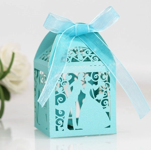 Close-up of laser-cut Tiffany blue wedding favor box with bride and groom silhouette