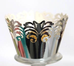 Detailed laser-cut silver crown lace cupcake wrapper with mirror metallic finish