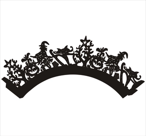 Laser-cut black Halloween cupcake wrappers with witch, pumpkin, and bat silhouette designs