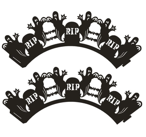 Detailed laser-cut black Halloween cupcake wrappers with RIP tombstone and bat motifs