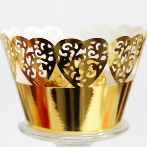 Glossy gold heart laser-cut cupcake wrappers with mirror finish for party decor