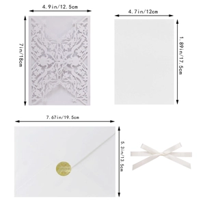 Detailed dimensions of laser cut wedding invitation with inner cards and envelopes