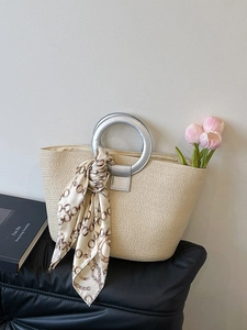 Women Large Capacity Woven Straw Tote Bag With Metallic Ring Handle And Silk Scarf Decoration Summer Beach Vacation Handbag
