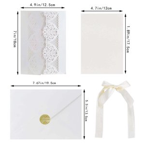 Detailed dimensions of laser-cut invitation set with lace cover and ribbon