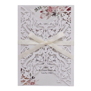 Laser Cut Hollow Wedding Invitation Cards Artificial Pearl Paper Floral Pattern Invitations With Ribbons And Envelopes Party Greeting Cards
