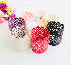 Laser cut hollow heart patterns cupcake wrappers in gold silver and various colors
