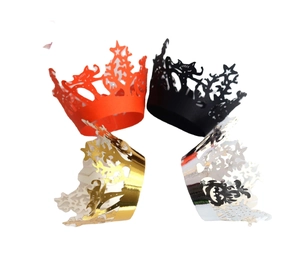 Laser cut crown cupcake liners in orange black gold and silver for party decoration
