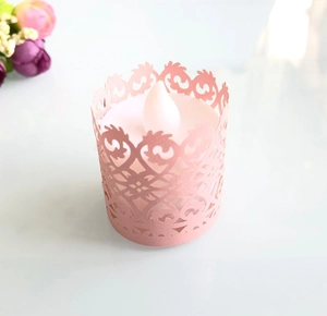 Pink laser-cut paper lampshade for LED candle with elegant hollow lace floral patterns