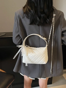 Elegant white quilted chain bag for women with lace bow and pearl pendant details