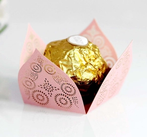 Laser-cut light pink hollow wedding candy box with geometric pattern for chocolate