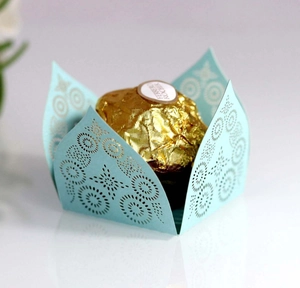 Laser cut light blue wedding favor box with intricate floral hollow design for chocolates