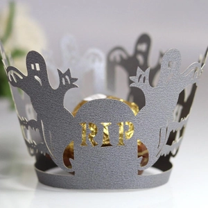 Laser-cut Halloween cupcake wrappers featuring RIP and ghost silhouettes in grey
