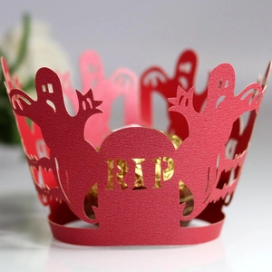 Laser-cut Halloween red cupcake wrappers featuring ghosts and RIP tombstone design