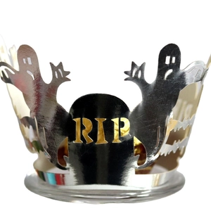 Halloween silver cupcake wrappers with laser-cut RIP tombstones and ghost designs