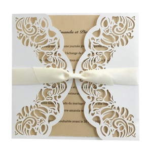 Ensemble de Cartes d'Invitation de Mariage Découpe Laser Européenne Avec Nœud en Satin Papier Perlé Invitations Florales pour Mariage Fête