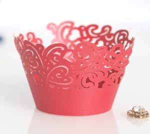 Elegant red laser-cut heart pattern cupcake wrappers with pearl finish for weddings