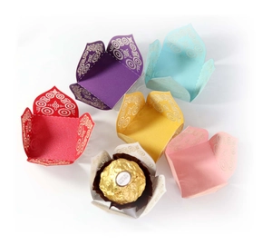 Laser cut hollow floral chocolate wrappers for wedding favors in assorted vibrant colors