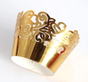Laser cut gold muffin cupcake wrappers with heart hollow pattern for wedding party decor