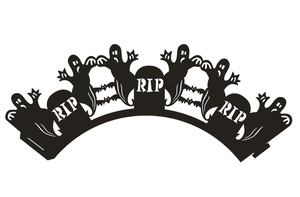 Detail of laser-cut Halloween cupcake wrappers featuring spooky ghosts and RIP tombstones