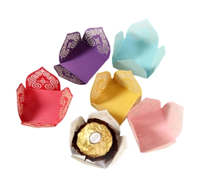 Laser cut hollow flower candy and chocolate liners in six assorted pearlescent colors