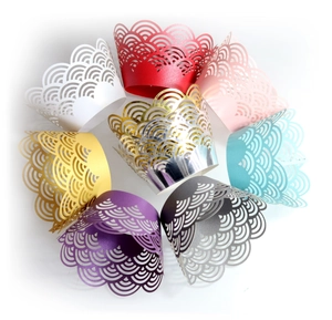 Laser-cut cupcake wrappers in various colors featuring elegant scalloped lace patterns