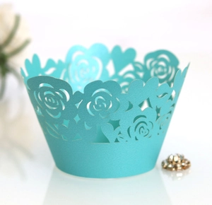 Laser-cut rose flower cupcake wrappers in tiffany blue color for wedding cake decoration