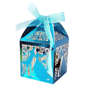 Blaue lasergeschnittene Hochzeit-Süßigkeitenbox mit Brautpaar-Silhouette und Schleife