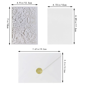 Tableau des tailles détaillé pour invitation de mariage découpée au laser avec mesures