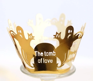 Golden mirror finish laser-cut cupcake wrapper with ghost and tombstone hollow design