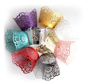 Laser cut lace cupcake wrappers in eight vibrant colors for elegant dessert decoration