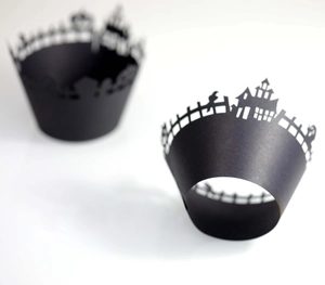 Halloween black castle and ghost cupcake wrappers made of laser-cut art paper