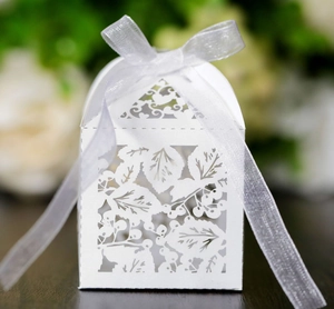 Détail d'une boîte cadeau nacrée découpée au laser avec un ruban élégant blanc