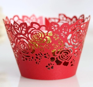 Red laser cut rose cupcake wrapper made of pearlescent paper for wedding party decor