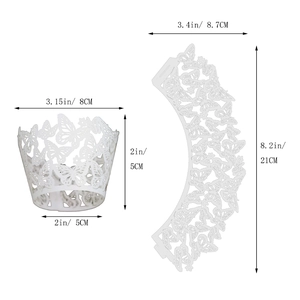 Laser-cut white cupcake wrappers with butterfly pattern showing flat and assembled sizes