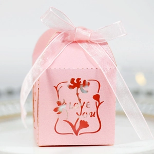 Rosa lasergeschnittene Love You Hochzeit-Geschenkbox mit Blumenmuster und Organzaband