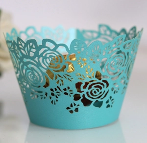 Laser cut rose hollow cupcake wrapper in light blue for wedding and party decorations