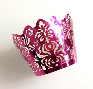 Laser-cut rose red cupcake wrapper with intricate hollow damask pattern for parties
