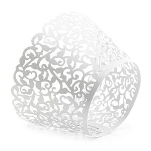 White laser-cut vine lace cupcake wrappers for wedding and elegant party decorations