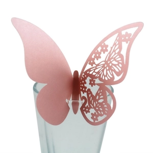 Pink 3D hollow butterfly place card made of pearlescent paper for glass rim decoration