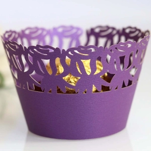 Elegant purple laser-cut rose cupcake wrapper featuring a gold foil chocolate ball