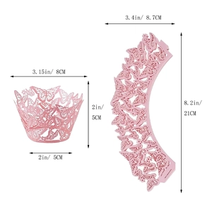 Pink pearlescent butterfly laser-cut cupcake wrappers with size measurements