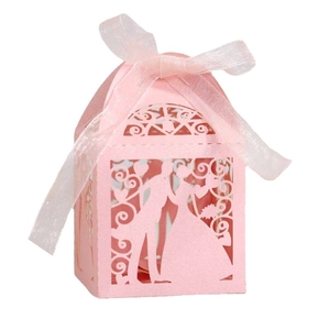 Elegant pink laser-cut wedding candy box with bride and groom silhouette and ribbon