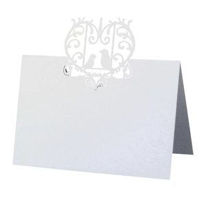 Laser cut wedding place card with heart, scroll patterns and romantic birds detail