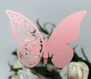 Dettaglio della farfalla rosa intagliata al laser con motivi floreali sul vetro