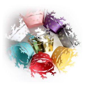 Christmas laser-cut cupcake liners with reindeer and snowflake patterns in 8 vivid colors