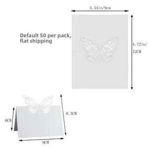 Detailed view of white laser-cut butterfly place cards with 9x12cm size dimensions